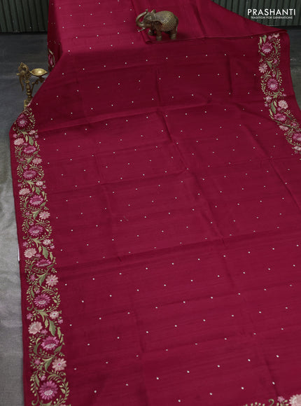 Art tussar saree maroon with embroidery work and floral embroidery border