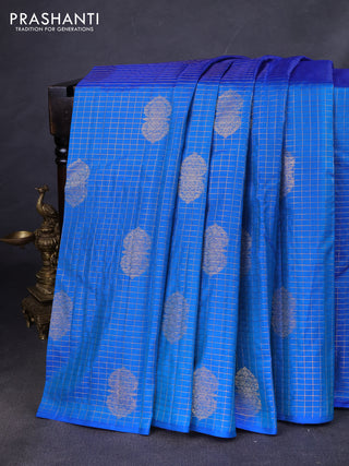 Pure kanchipuram silk saree blue with allover zari checks & buttas in borderless style