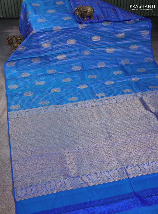 Pure kanchipuram silk saree blue with allover zari checks & buttas in borderless style