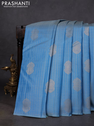 Pure kanchipuram silk saree pastel blue with allover zari checks & buttas in borderless style