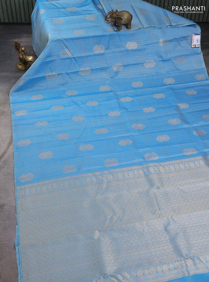 Pure kanchipuram silk saree pastel blue with allover zari checks & buttas in borderless style