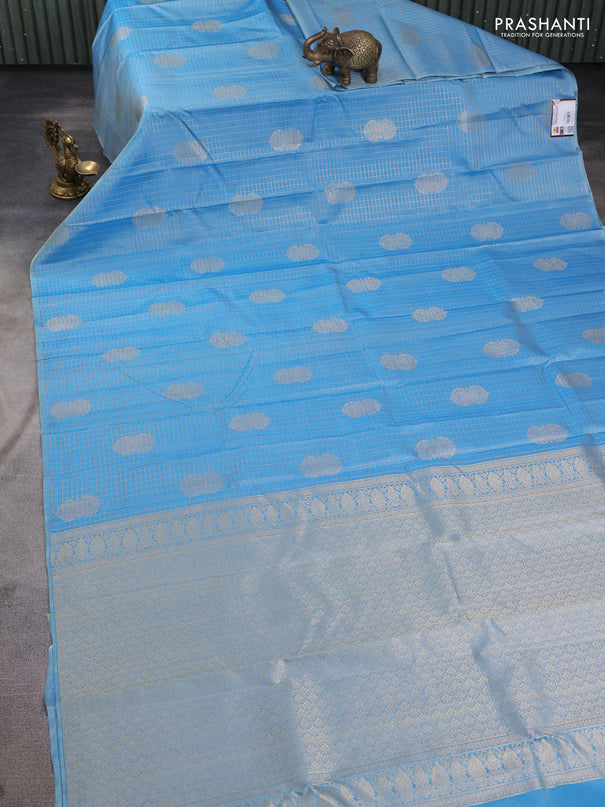 Pure kanchipuram silk saree pastel blue with allover zari checks & buttas in borderless style