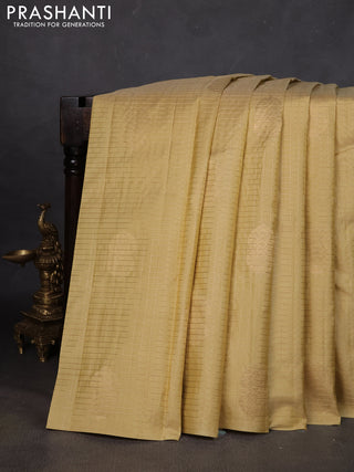 Pure kanchipuram silk saree sandal with allover zari checks & buttas in borderless style
