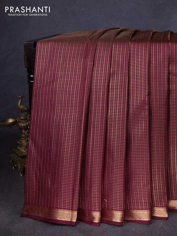 Pure kanchipuram silk saree wine shade with allover zari checked pattern and zari woven border