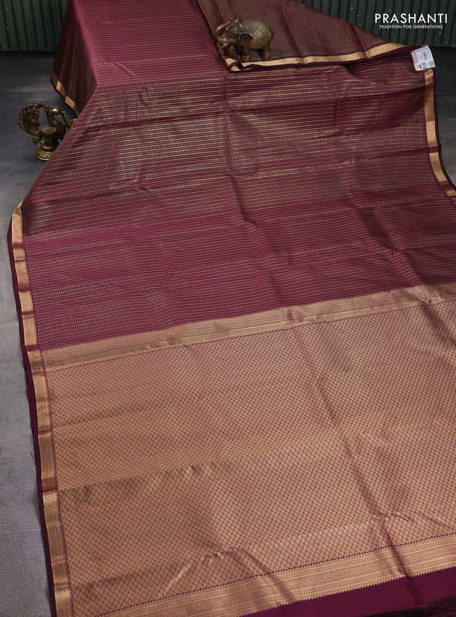 Pure kanchipuram silk saree wine shade with allover zari checked pattern and zari woven border