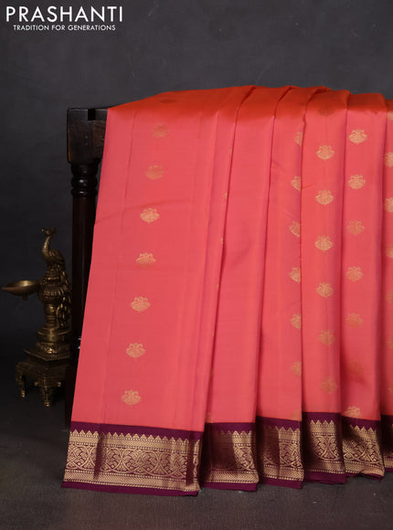 Pure kanchipuram silk saree orange and deep wine with zari woven buttas and zari woven korvai border
