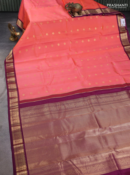 Pure kanchipuram silk saree orange and deep wine with zari woven buttas and zari woven korvai border