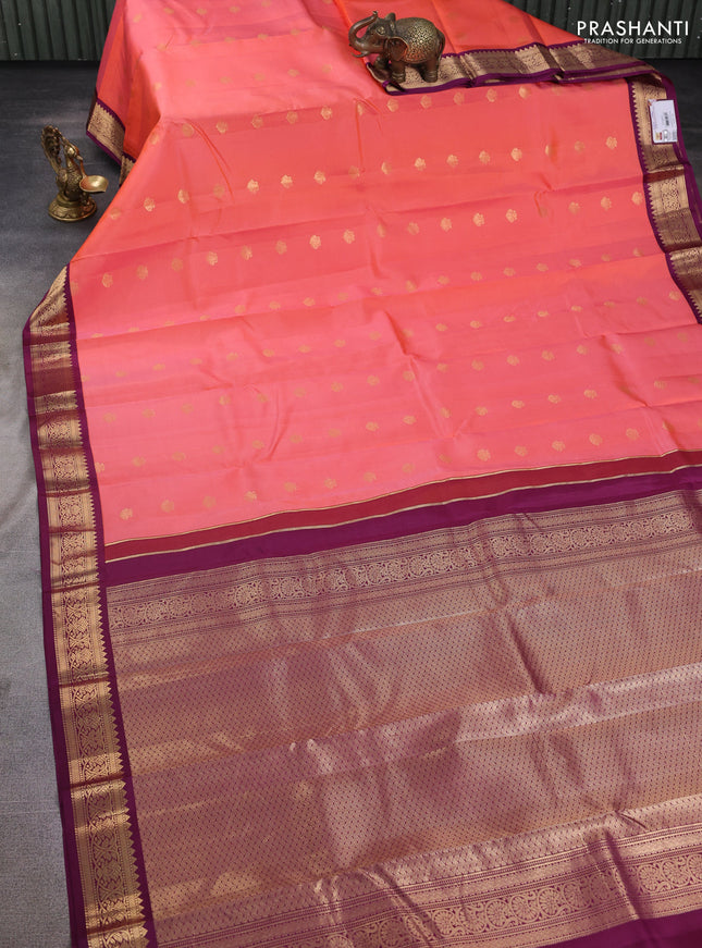 Pure kanchipuram silk saree orange and deep wine with zari woven buttas and zari woven korvai border