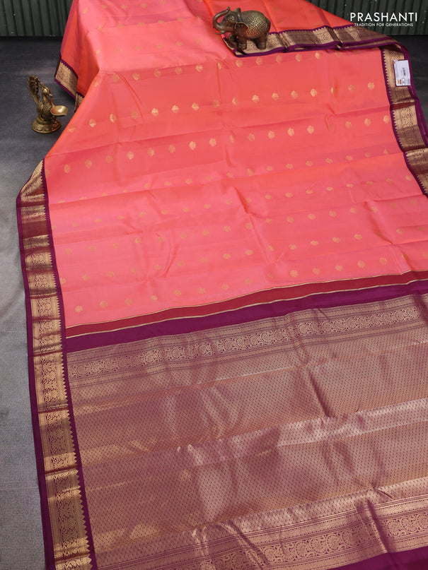 Pure kanchipuram silk saree orange and deep wine with zari woven buttas and zari woven korvai border