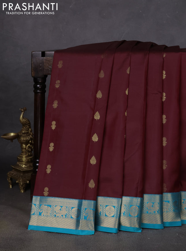 Pure kanchipuram silk saree deep maroon and teal blue with zari woven buttas and zari woven border