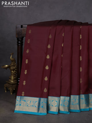 Pure kanchipuram silk saree deep maroon and teal blue with zari woven buttas and zari woven border