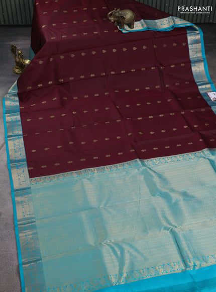 Pure kanchipuram silk saree deep maroon and teal blue with zari woven buttas and zari woven border