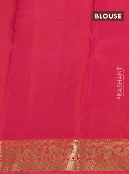 Pure kanchipuram silk saree cs blue and dual shade of pinkish orange with floral zari woven buttas and zari woven korvai border