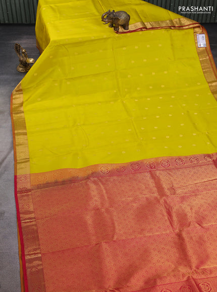 Pure kanchipuram silk saree yellow and pink with zari woven buttas and zari woven border