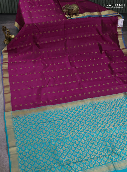 Pure kanchipuram silk saree purple and teal blue with zari woven buttas and zari woven border