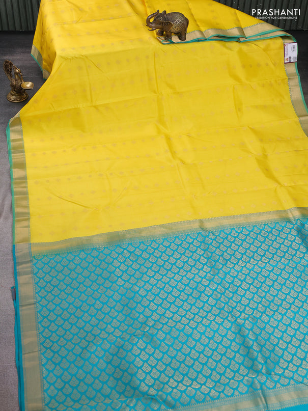 Pure kanchipuram silk saree yellow and teal blue with zari woven buttas and zari woven border