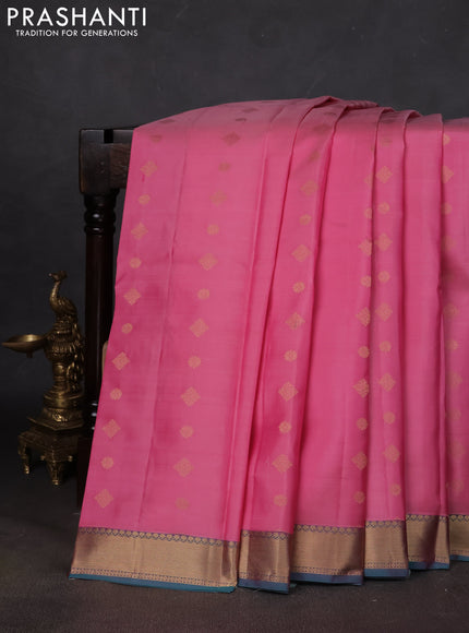 Pure kanchipuram silk saree pink and teal green with zari woven buttas and zari woven border