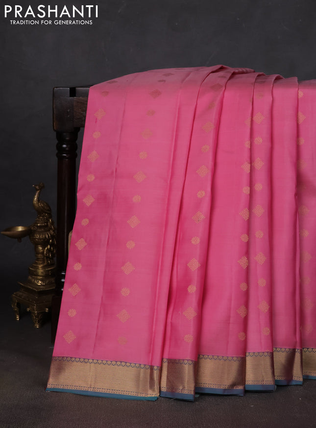 Pure kanchipuram silk saree pink and teal green with zari woven buttas and zari woven border