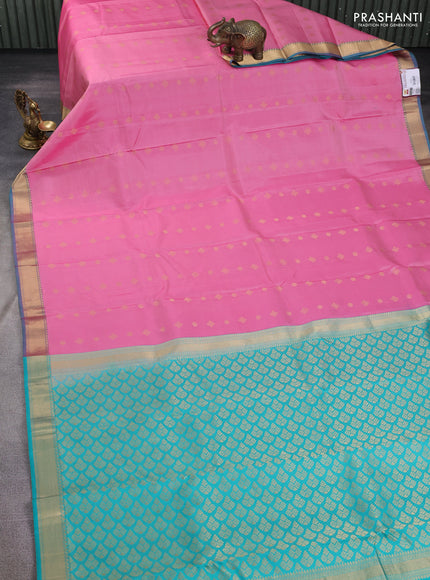 Pure kanchipuram silk saree pink and teal green with zari woven buttas and zari woven border