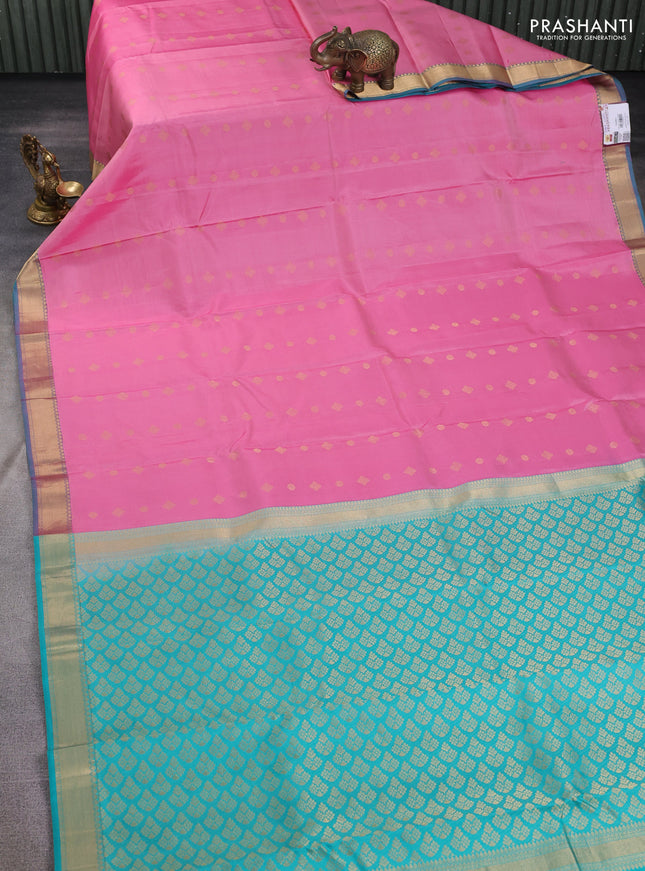 Pure kanchipuram silk saree pink and teal green with zari woven buttas and zari woven border