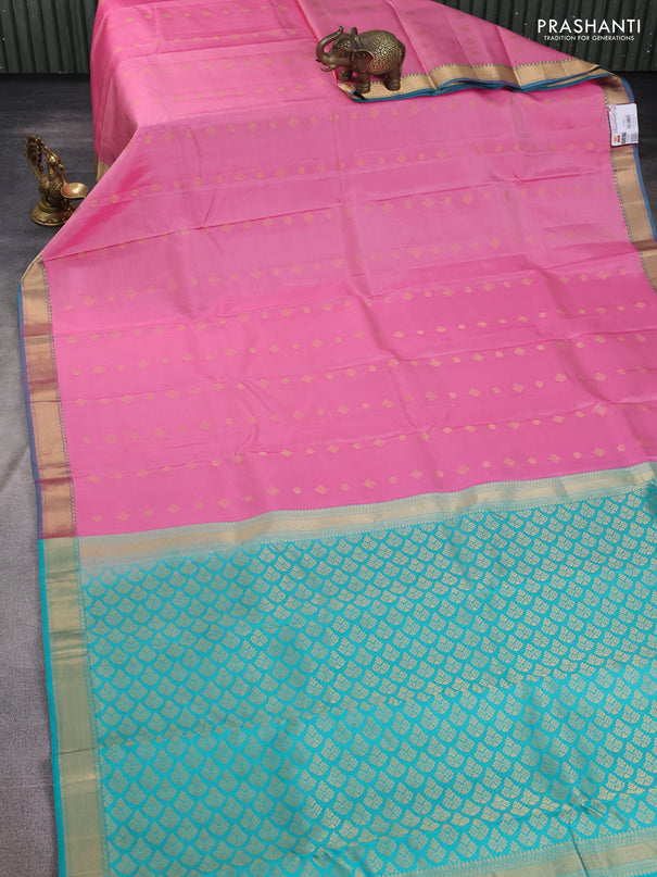 Pure kanchipuram silk saree pink and teal green with zari woven buttas and zari woven border