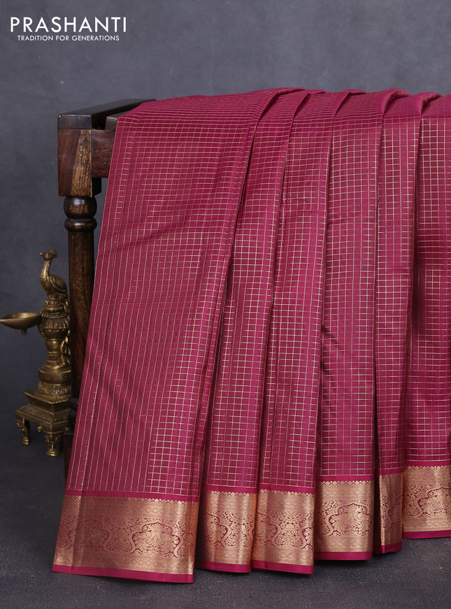 Pure kanchipuram silk saree wine shade with allover zari checked pattern and zari woven korvai border