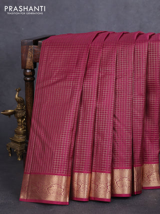 Pure kanchipuram silk saree wine shade with allover zari checked pattern and zari woven korvai border