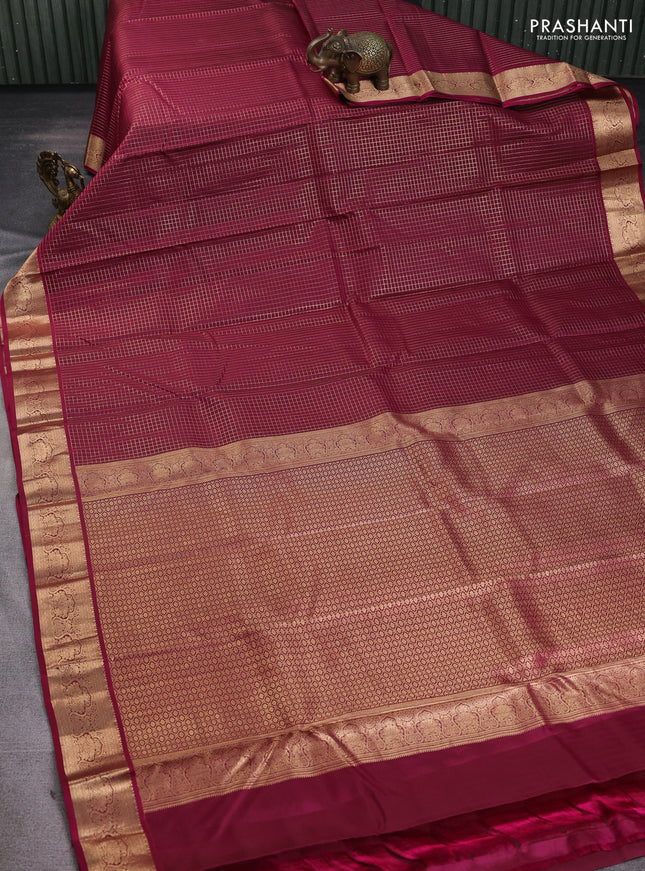 Pure kanchipuram silk saree wine shade with allover zari checked pattern and zari woven korvai border