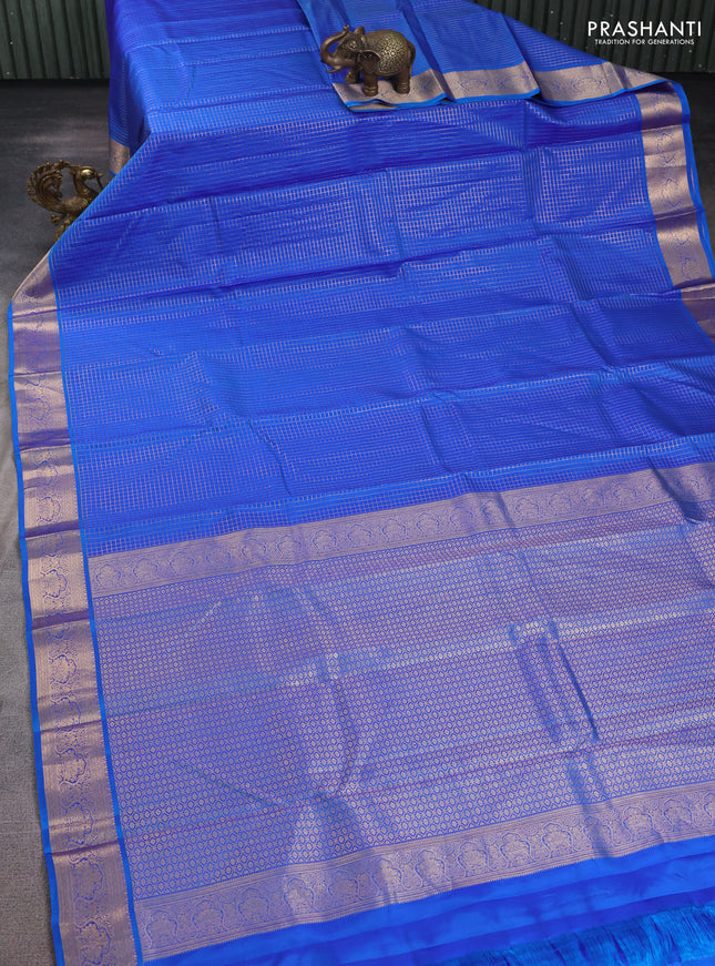 Pure kanchipuram silk saree cs blue with allover zari checked pattern and zari woven korvai border