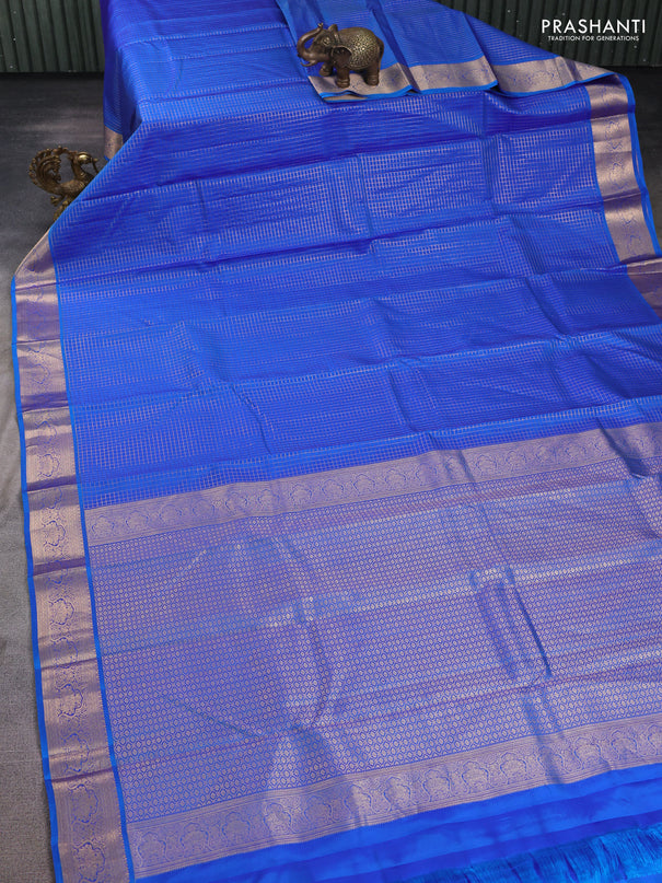 Pure kanchipuram silk saree cs blue with allover zari checked pattern and zari woven korvai border