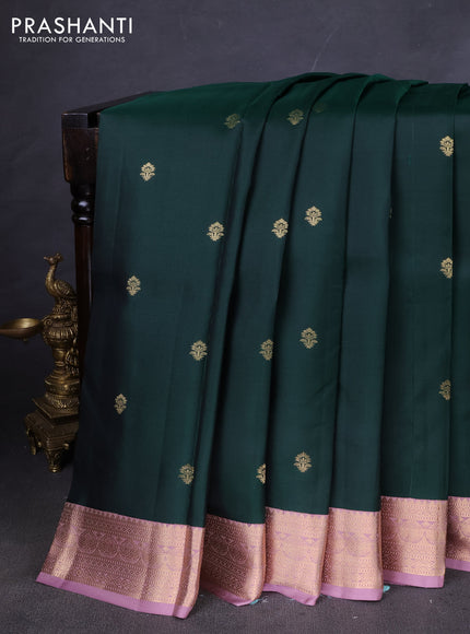 Pure kanchipuram silk saree bottle green and pastel pink with zari woven buttas and zari woven korvai border