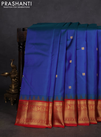 Pure kanchipuram silk saree blu and red with annam zarin woven butta border and temple design zari woven border