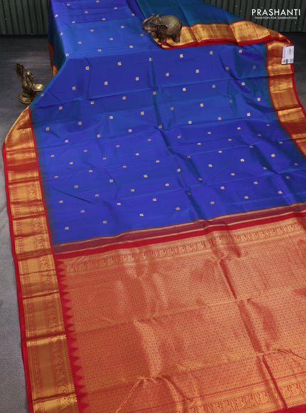 Pure kanchipuram silk saree blu and red with annam zarin woven butta border and temple design zari woven border