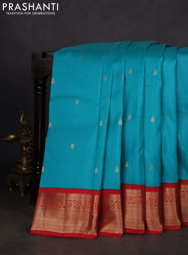 Pure kanchipuram silk saree teal blue and red with zari woven buttas and zari woven korvai border