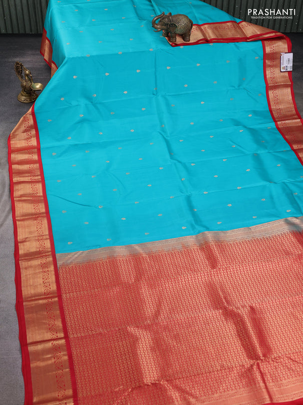 Pure kanchipuram silk saree teal blue and red with zari woven buttas and zari woven korvai border