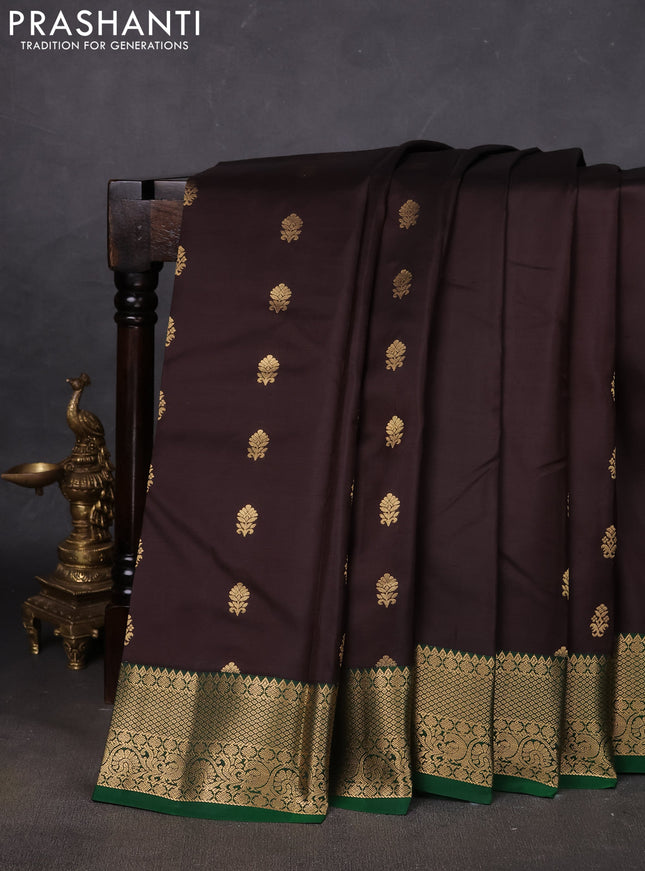 Pure kanchipuram silk saree coffee brown and bottle green with zari woven buttas and zari woven korvai border