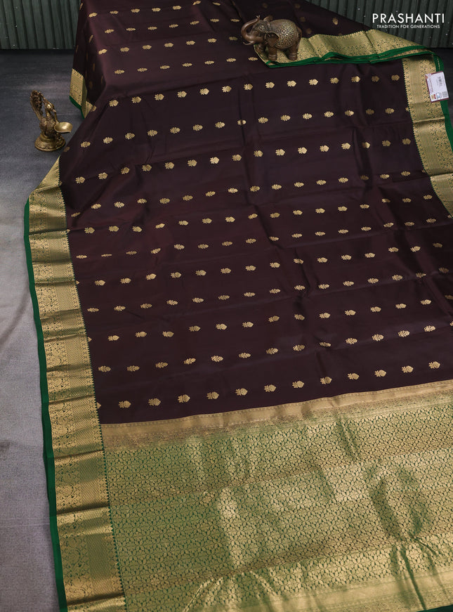 Pure kanchipuram silk saree coffee brown and bottle green with zari woven buttas and zari woven korvai border