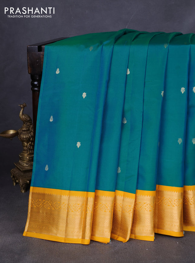 Pure kanchipuram silk saree teal green and yellow with zari woven buttas and zari woven korvai border