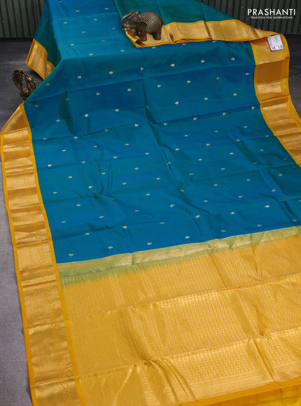 Pure kanchipuram silk saree teal green and yellow with zari woven buttas and zari woven korvai border
