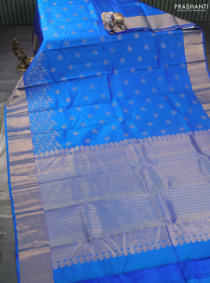 Pure kanchipuram silk saree blue with zari woven buttas and zari woven korvai border