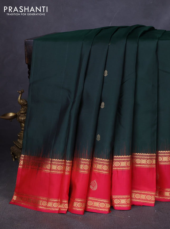 Pure kanchipuram silk saree bottle green and dark pink with zari woven buttas and rettapet zari woven butta border