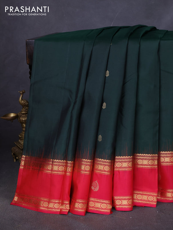 Pure kanchipuram silk saree bottle green and dark pink with zari woven buttas and rettapet zari woven butta border
