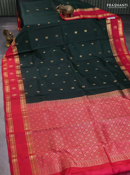 Pure kanchipuram silk saree bottle green and dark pink with zari woven buttas and rettapet zari woven butta border