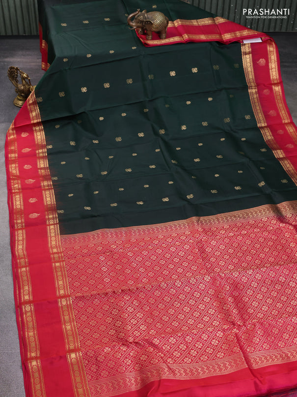 Pure kanchipuram silk saree bottle green and dark pink with zari woven buttas and rettapet zari woven butta border