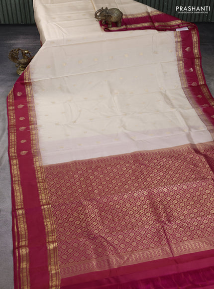 Pure kanchipuram silk saree cream and pink with zari woven buttas and rettapet zari woven butta border