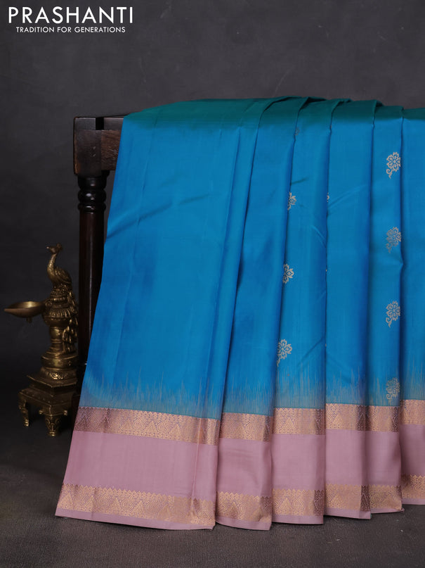 Pure kanchipuram silk saree cs blue and pastel pink with zari woven buttas and rettapet zari woven border