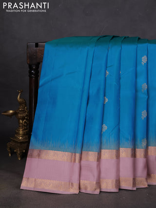 Pure kanchipuram silk saree cs blue and pastel pink with zari woven buttas and rettapet zari woven border