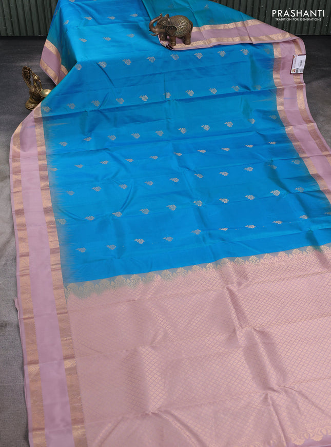 Pure kanchipuram silk saree cs blue and pastel pink with zari woven buttas and rettapet zari woven border