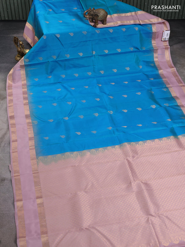Pure kanchipuram silk saree cs blue and pastel pink with zari woven buttas and rettapet zari woven border