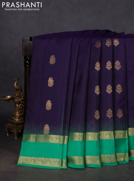 Pure kanchipuram silk saree violet and teal green with zari woven buttas and rettapet zari woven border